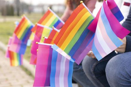 A closeup of multiple trans and pride flags.